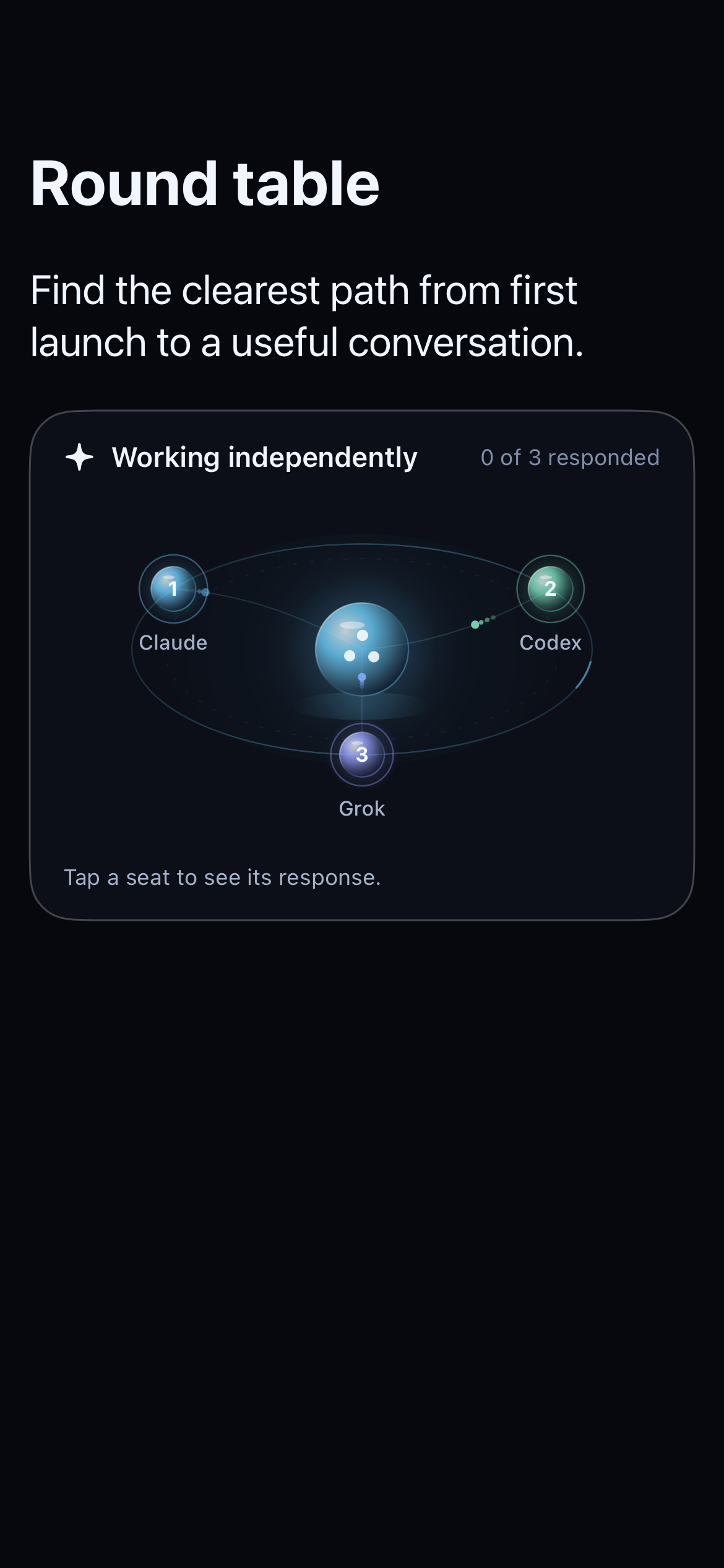Development preview of Round table: three model seats orbit a shared task, with an option to open each response.